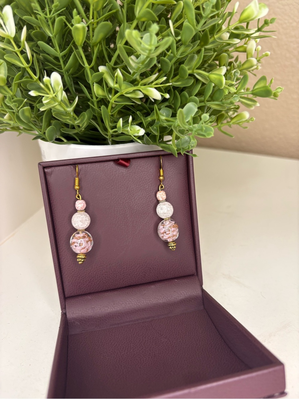 Vintage Pink Foil Glass Dangle Earrings Artisan Murano Style Quartz Gold Tone